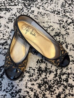 Life Stride Leopard Print Flats with Black Patent Cap Toe